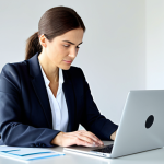 A focused female professional diet coach, in a modest yet modern business suit, sitting at a clean desk in a brightly lit, contemporary home office. She is actively typing on a sleek laptop, surrounded by neatly organized health books and a glass of water. The screen subtly displays a clean, professional interface for online content creation. The background is a soft-focus office interior. fully clothed, appropriate attire, safe for work, perfect anatomy, correct proportions, natural pose, well-formed hands, proper finger count, natural body proportions, professional, high quality, family-friendly, appropriate content.