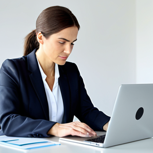 Home 6 A focused female professional diet coach, in a modest yet modern business suit, sitting at a clean desk in a brightly lit, contemporary home office. She is actively typing on a sleek laptop, surrounded by neatly organized health books and a glass of water. The screen subtly displays a clean, professional interface for online content creation. The background is a soft-focus office interior. fully clothed, appropriate attire, safe for work, perfect anatomy, correct proportions, natural pose, well-formed hands, proper finger count, natural body proportions, professional, high quality, family-friendly, appropriate content.