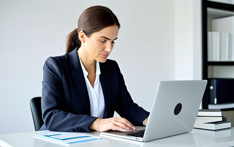 A focused female professional diet coach, in a modest yet modern business suit, sitting at a clean desk in a brightly lit, contemporary home office. She is actively typing on a sleek laptop, surrounded by neatly organized health books and a glass of water. The screen subtly displays a clean, professional interface for online content creation. The background is a soft-focus office interior. fully clothed, appropriate attire, safe for work, perfect anatomy, correct proportions, natural pose, well-formed hands, proper finger count, natural body proportions, professional, high quality, family-friendly, appropriate content.