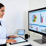 A professional female diet coach, wearing a modest business casual outfit, stands in a modern, brightly lit health clinic office. She is looking at a large monitor displaying complex physiological data graphs and body composition analysis charts. On her desk are a tablet and a smart watch. Her expression is focused and knowledgeable, conveying deep expertise in physiology and data interpretation. The environment is clean and professional, emphasizing a scientific approach. safe for work, appropriate content, fully clothed, professional, perfect anatomy, correct proportions, natural pose, well-formed hands, proper finger count, natural body proportions, high quality studio photography.