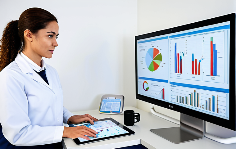 A professional female diet coach, wearing a modest business casual outfit, stands in a modern, brightly lit health clinic office. She is looking at a large monitor displaying complex physiological data graphs and body composition analysis charts. On her desk are a tablet and a smart watch. Her expression is focused and knowledgeable, conveying deep expertise in physiology and data interpretation. The environment is clean and professional, emphasizing a scientific approach. safe for work, appropriate content, fully clothed, professional, perfect anatomy, correct proportions, natural pose, well-formed hands, proper finger count, natural body proportions, high quality studio photography.
